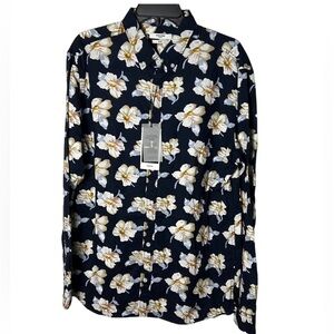 Jack & Jones XL  blue yellow floral cotton linen blend men dress shirt NWT!